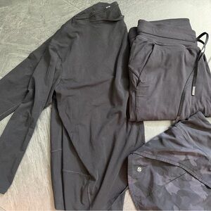 Lululemon bundle; light weight shirt, cozy sweatpants and camo running shorts